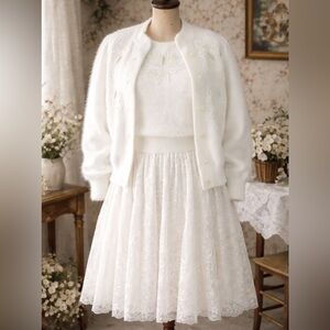 Vintage 1980s White Angora Rabbit Beaded Luxe Sweater & Top Set